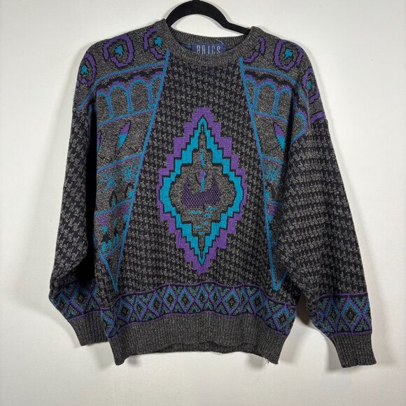 Vintage Abstract Knit Sweater Purple Blue Graphic 90s Grunge Cozy Retro Grandpa - Picture 2 of 6